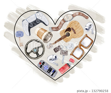 Watercolor heart with man themed objects: remote, glasses, guitar, watch, keys and more. Ideal for Father Day clipart, cards, social posts, digital designs Watercolor heart with man themed objects: remote, glasses, guitar, watch, keys and more. Ideal for Father Day clipart, cards, social posts, digital designs 132790258