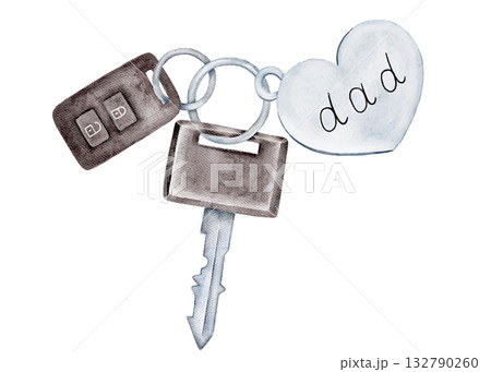 A watercolor illustration of car keys with a keychain tag labeled dad. Perfect for Father Day designs, car accessories promotions, or sentimental gift visuals. A watercolor illustration of car keys with a keychain tag labeled dad. Perfect for Father Day designs, car accessories promotions, or sentimental gift visuals. 132790260