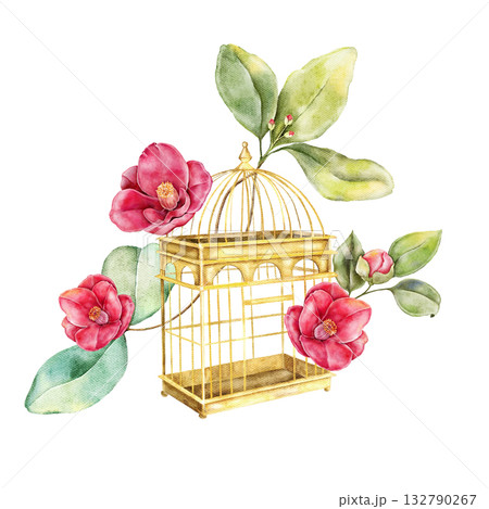 Elegant golden birdcage with blooming pink camellias and green leaves. Handpainted watercolor clipart isolated on white. Perfect for invitations, feminine designs, or vintage decor. Elegant golden birdcage with blooming pink camellias and green leaves. Handpainted watercolor clipart isolated on white. Perfect for invitations, feminine designs, or vintage decor. 132790267