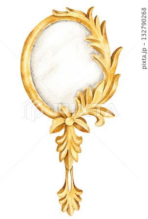 Vintage golden hand mirror with ornate baroque-style frame. Watercolor illustration isolated on white, ideal for beauty, princess, or fairy tale themed designs. 132790268