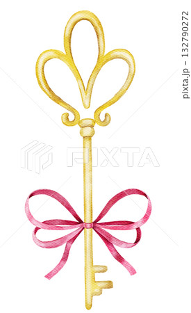 golden key retro with pink bow isolated on the white background golden key retro with pink bow isolated on the white background 132790272