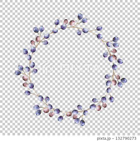 Watercolor illustration of a round wreath made of delicate blue berries and thin branches. Perfect for wedding invitation, greeting card, packaging, seasonal design, or elegant decorative project Watercolor illustration of a round wreath made of delicate blue berries and thin branches. Perfect for wedding invitation, greeting card, packaging, seasonal design, or elegant decorative project 132790273