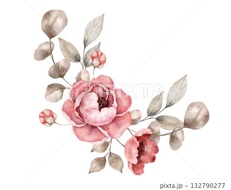 Watercolor floral composition with blooming pink roses, beige leaves, and buds in soft arrangement. Ideal for wedding design, greeting card, stationery, packaging, or romantic decorative projects Watercolor floral composition with blooming pink roses, beige leaves, and buds in soft arrangement. Ideal for wedding design, greeting card, stationery, packaging, or romantic decorative projects 132790277
