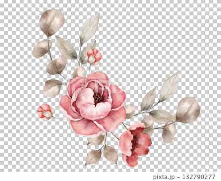 Watercolor floral composition with blooming pink roses, beige leaves, and buds in soft arrangement. Ideal for wedding design, greeting card, stationery, packaging, or romantic decorative projects Watercolor floral composition with blooming pink roses, beige leaves, and buds in soft arrangement. Ideal for wedding design, greeting card, stationery, packaging, or romantic decorative projects 132790277
