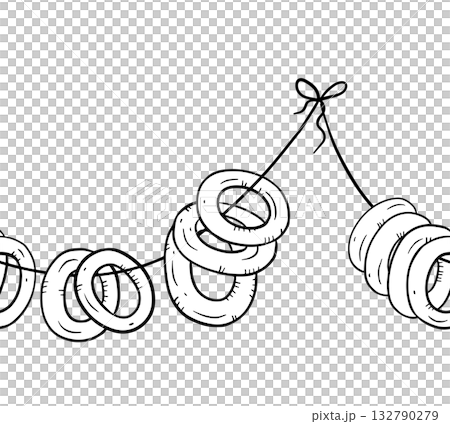 Hand drawn ink line art seamless border with hanging bagels on string, minimal rustic bakery style, perfect for food packaging, kitchen textiles, farm market labels, coloring pages, wrapping 132790279
