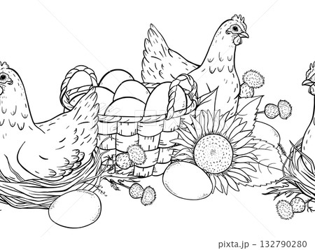 Hand drawn seamless ink line art border with hens on nests with eggs and sunflowers in rustic countryside farm style. Ideal for packaging textiles coloring pages wrapping and vintage food branding. 132790280