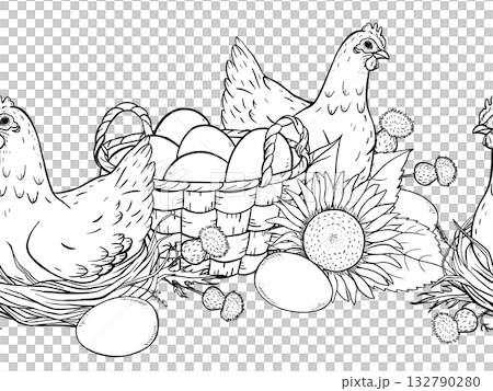 Hand drawn seamless ink line art border with hens on nests with eggs and sunflowers in rustic countryside farm style. Ideal for packaging textiles coloring pages wrapping and vintage food branding. 132790280