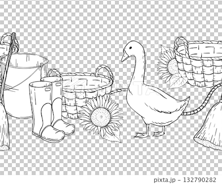 Hand drawn seamless ink line art border of rustic barn interior with goose, bucket, boots, broom, sunflower. Vintage countryside farm atmosphere for packaging, textile, wrapping, educational projects. Hand drawn seamless ink line art border of rustic barn interior with goose, bucket, boots, broom, sunflower. Vintage countryside farm atmosphere for packaging, textile, wrapping, educational projects. 132790282