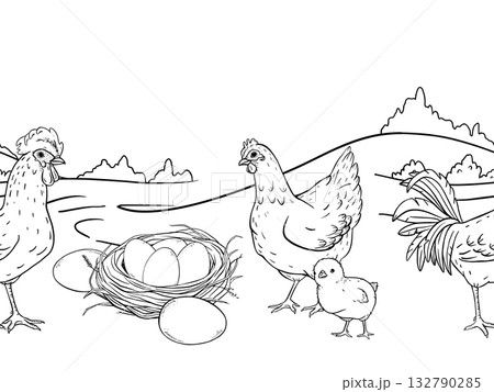 Ink line art seamless border of countryside farm with hens and rooster walking across an open rural field. Ideal for packaging, textile prints, children books, wrapping rustic branding projects. 132790285
