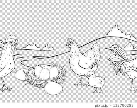 Ink line art seamless border of countryside farm with hens and rooster walking across an open rural field. Ideal for packaging, textile prints, children books, wrapping rustic branding projects. 132790285