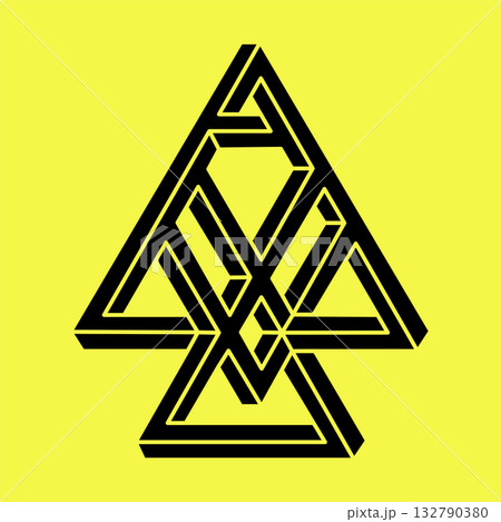 Impossible shapes. Sacred geometry. Optical illusion figure. Abstract eternal geometric object. Escher style. Impossible endless outline. Op art. Impossible geometry shape on a yellow background. Impossible shapes. Sacred geometry. Optical illusion figure. Abstract eternal geometric object. Escher style. Impossible endless outline. Op art. Impossible geometry shape on a yellow background. 132790380
