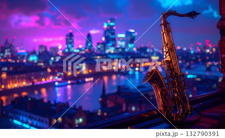 ネオンブルーやパープルでぼかした街並みとサックス 132790391