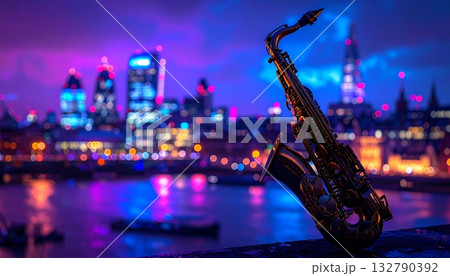 ネオンブルーやパープルでぼかした街並みとサックス ネオンブルーやパープルでぼかした街並みとサックス 132790392