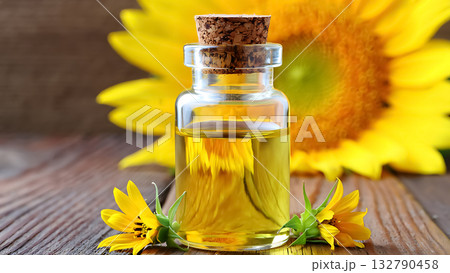 Glass bottle of golden sunflower oil with sunflowers on wooden table cork Glass bottle of golden sunflower oil with sunflowers on wooden table cork 132790458