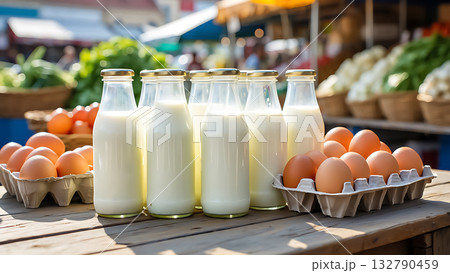 Glass bottles of white milk and brown eggs on a wooden table at a market dairy farm fresh Glass bottles of white milk and brown eggs on a wooden table at a market dairy farm fresh 132790459