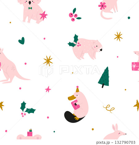 Cute Christmas Australian Animals Seamless Pattern. Festive Koala, Kangaroo, Platypus, and Wombat with Gifts on White Background. 132790703