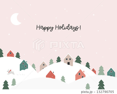 Winter Village Landscape with Snowy Hills and Cozy Houses in Minimal Nordic Style Winter Village Landscape with Snowy Hills and Cozy Houses in Minimal Nordic Style 132790705