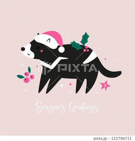 Season's Greetings. Cute Cartoon Tasmanian Devil Wearing Santa Hat Season's Greetings. Cute Cartoon Tasmanian Devil Wearing Santa Hat 132790711