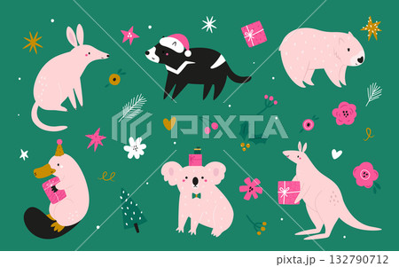 Set of Cute Christmas Australian Animals. Collection of Koala, Kangaroo, Platypus, and Wombat with Festive Holiday Decorations 132790712