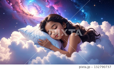 銀河の綺麗な宇宙空間に浮かぶふわふわの雲で気持ちよさそうに眠る女の子のイラスト 132790737
