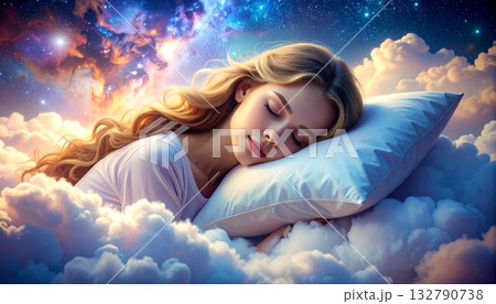 銀河の綺麗な宇宙空間に浮かぶふわふわの雲で気持ちよさそうに眠る女の子のイラスト 132790738