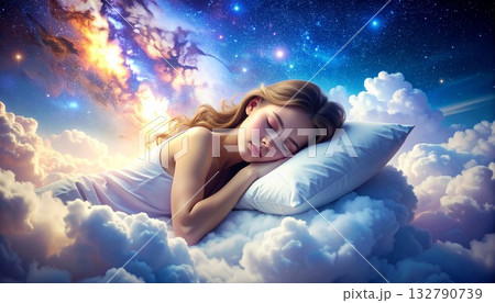銀河の綺麗な宇宙空間に浮かぶふわふわの雲で気持ちよさそうに眠る女の子のイラスト 銀河の綺麗な宇宙空間に浮かぶふわふわの雲で気持ちよさそうに眠る女の子のイラスト 132790739