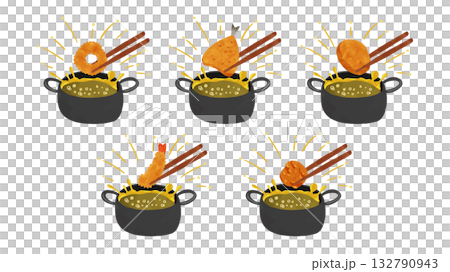 A frying pan with splashing oil and a set of fried horse mackerel, potato croquettes, fried shrimp, fried chicken, and squid rings. Watercolor style. A frying pan with splashing oil and a set of fried horse mackerel, potato croquettes, fried shrimp, fried chicken, and squid rings. Watercolor style. 132790943