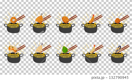 油はねしている揚げ物鍋とフライ天ぷらセット 水彩風手描きベクターイラスト 油はねしている揚げ物鍋とフライ天ぷらセット 水彩風手描きベクターイラスト 132790945