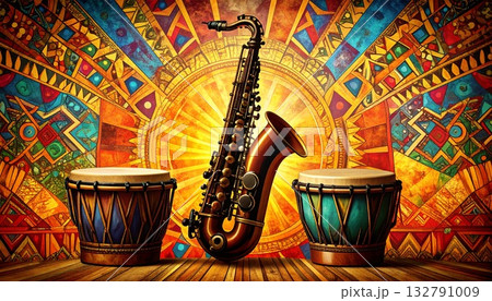鮮やかなアフリカンパターンと幾何学模様が背景に広がり、中央にジャズのサックスとコンガがあるイラスト 鮮やかなアフリカンパターンと幾何学模様が背景に広がり、中央にジャズのサックスとコンガがあるイラスト 132791009