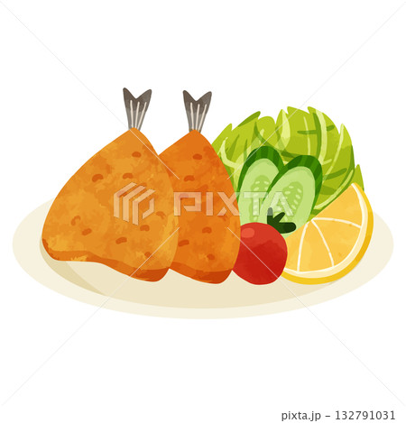 アジフライのプレート 水彩風手描きベクターイラスト アジフライのプレート 水彩風手描きベクターイラスト 132791031