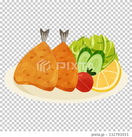 アジフライのプレート 水彩風手描きベクターイラスト アジフライのプレート 水彩風手描きベクターイラスト 132791031