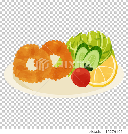 一盤魷魚圈，水彩風格手繪向量圖 132791034