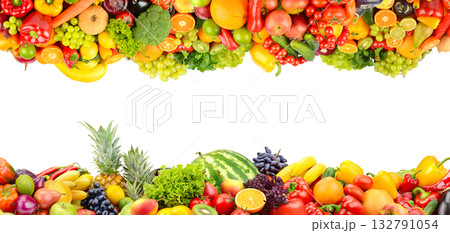 Variety of Fresh Fruits and Vegetables Forming a Bright Border with Space for Text 132791054