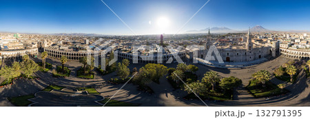 Aerial view of the Cathedral of Arequipa in the city of Arequipa. 360 Aerial view of the Cathedral of Arequipa in the city of Arequipa. 360 132791395