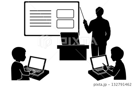 子供たちにパソコン授業を行う教師のシルエットイラスト 132791462