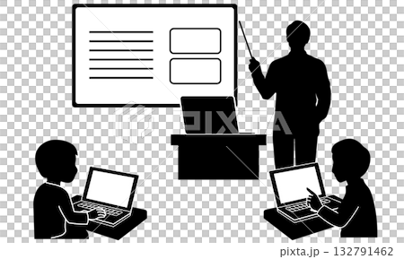 子供たちにパソコン授業を行う教師のシルエットイラスト 132791462