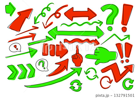 手描き矢印と指差しサインのセット、赤と緑 手描き矢印と指差しサインのセット、赤と緑 132791501