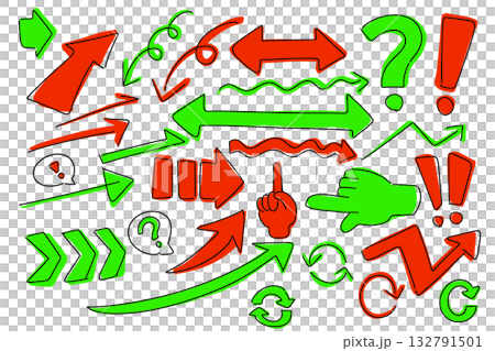 手描き矢印と指差しサインのセット、赤と緑 手描き矢印と指差しサインのセット、赤と緑 132791501