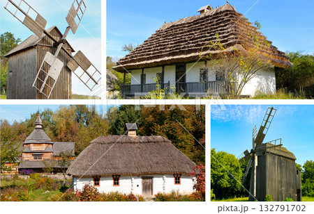 Collage of Traditional Eastern European Village Houses and Wooden Windmills 132791702