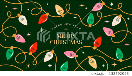 Christmas background with colorful Christmas lights. Happy New Year and Merry Christmas card, banner Christmas background with colorful Christmas lights. Happy New Year and Merry Christmas card, banner 132792098