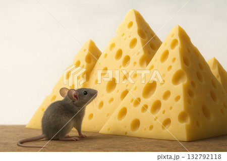 A mouse looks at mountains of cheese. Space for text. 132792118