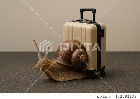 A snail pulling a suitcase is a symbol of slow travel. A snail pulling a suitcase is a symbol of slow travel. 132792135