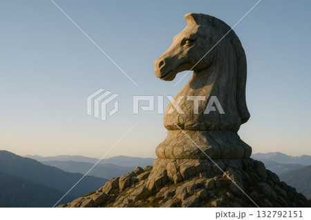 A stone chess knight piece on top of a mountain. Space for text. 132792151