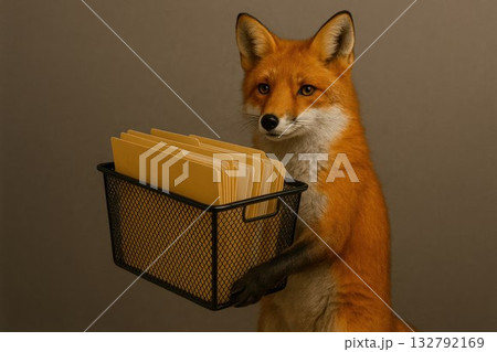 A fox holds a basket of folders. A fox holds a basket of folders. 132792169