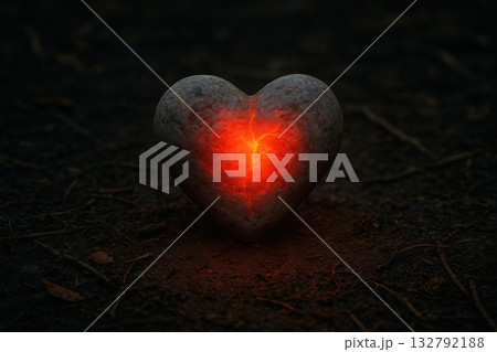 A stone heart with cracks, glowing from within on the ground. 132792188