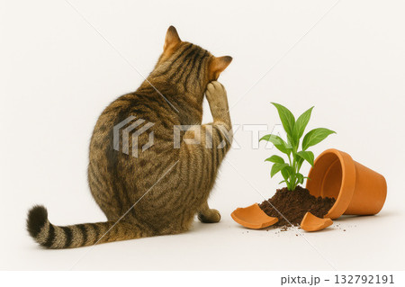 The cat is sitting next to an overturned and broken flower pot. Space for text. 132792191