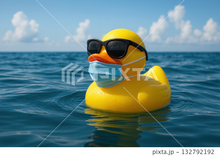 A rubber duck in a mask and sunglasses swims in the sea. 132792192