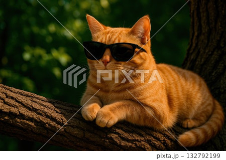 A ginger cat in sunglasses rests on a tree. 132792199
