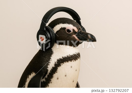 Penguin in headphones listening to music and enjoying. Space for text. Penguin in headphones listening to music and enjoying. Space for text. 132792207