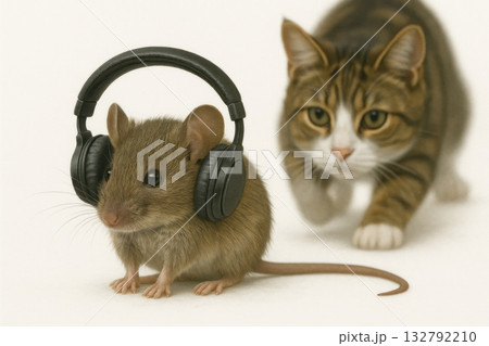 A mouse in headphones and a sneaking cat. 132792210